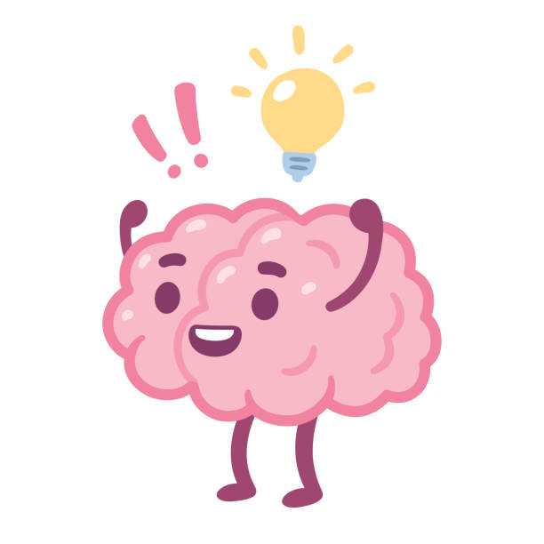 Cartoon brain with happy face and lightbulb, creative idea drawing. Cute brain character vector illustration.